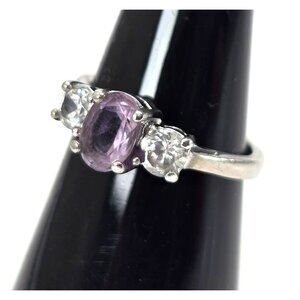 Amethyst & White Topaz Sterling Silver Ring Size 5.75 Elegant Oval Cut LI647